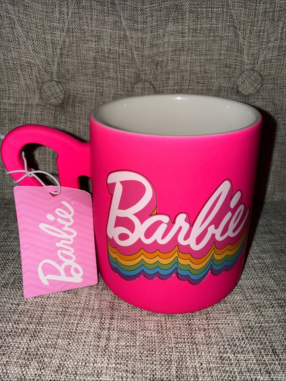 NWT Barbie Bright Pink Mug with Retro Rainbow Logo